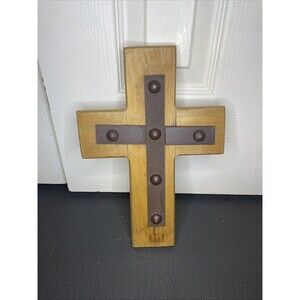 Rustic Wooden Cross Metal Accents Farmhouse Decor Made in Mexico (11x7.5 in)